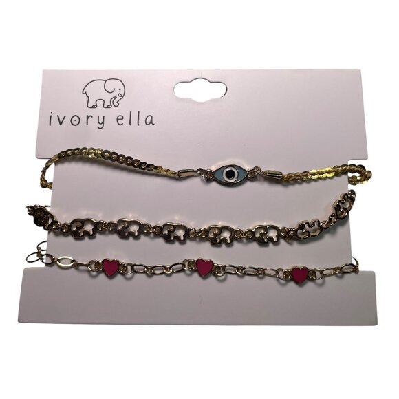 Ivory Ella Bracelet Set of 3 – Gold Tone, Elephants, Hearts & Evil Eye – NWT - Picture 1 of 4
